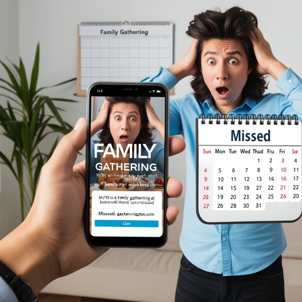 An image showing a person texting on their phone with a family gathering invitation in the background, representing common excuses for not going to family gatherings."